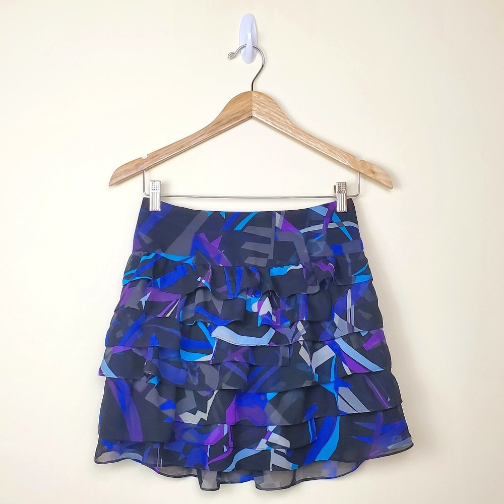 Express Ruffled Abstract Print Mini Skirt Blue Purple Black Women's Size 00